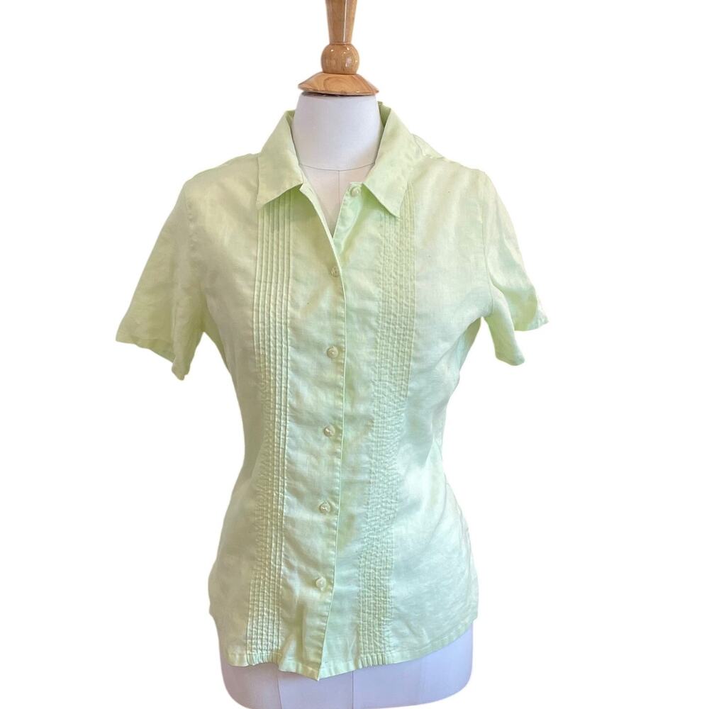 Westbound Pastel Green Linen Short Sleeve Button Down Shirt, Pleated, Size M
